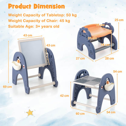 Kids double-sided art easel, building block table set with elephant theme - for creative play at home.