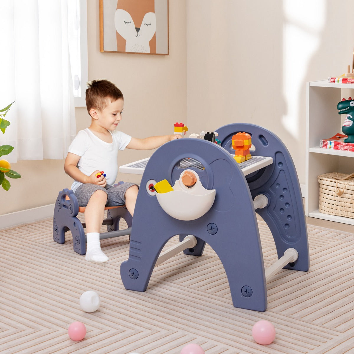 Double-sided art easel and building block table set for kids, with cute elephant theme.