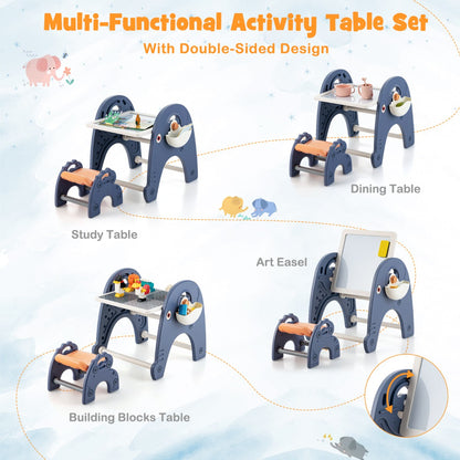 Double-sided art easel and block table set for kids with elephant theme. Perfect for creative play at home.