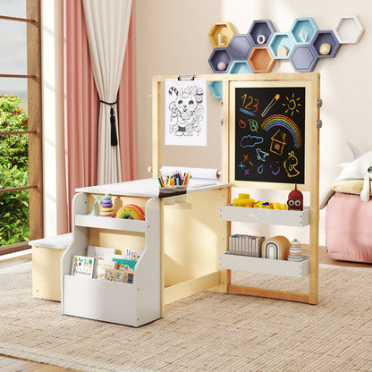 Costway Kids Art Table & Bench Set with Double-Sided Adjustable Easel-White