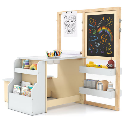 White Kids Art Table & Bench Set | Adjustable Double-Sided Easel