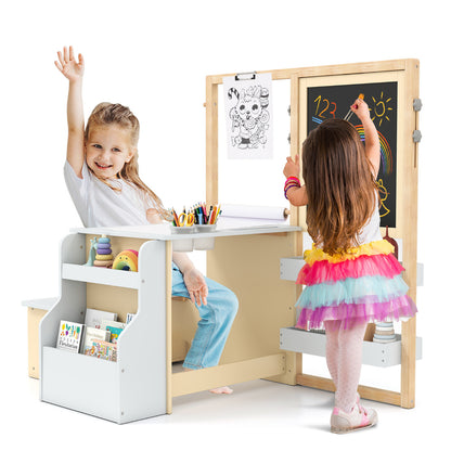 White Kids Art Table & Bench Set | Adjustable Double-Sided Easel