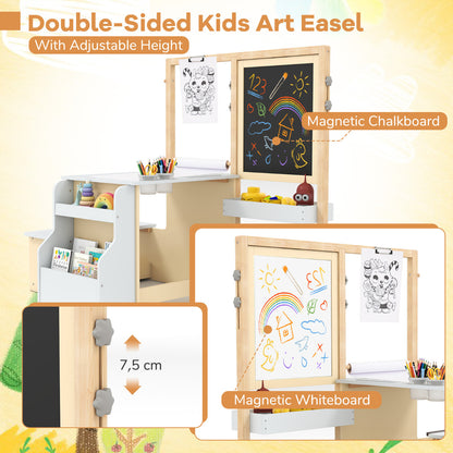 White Kids Art Table & Bench Set | Adjustable Double-Sided Easel