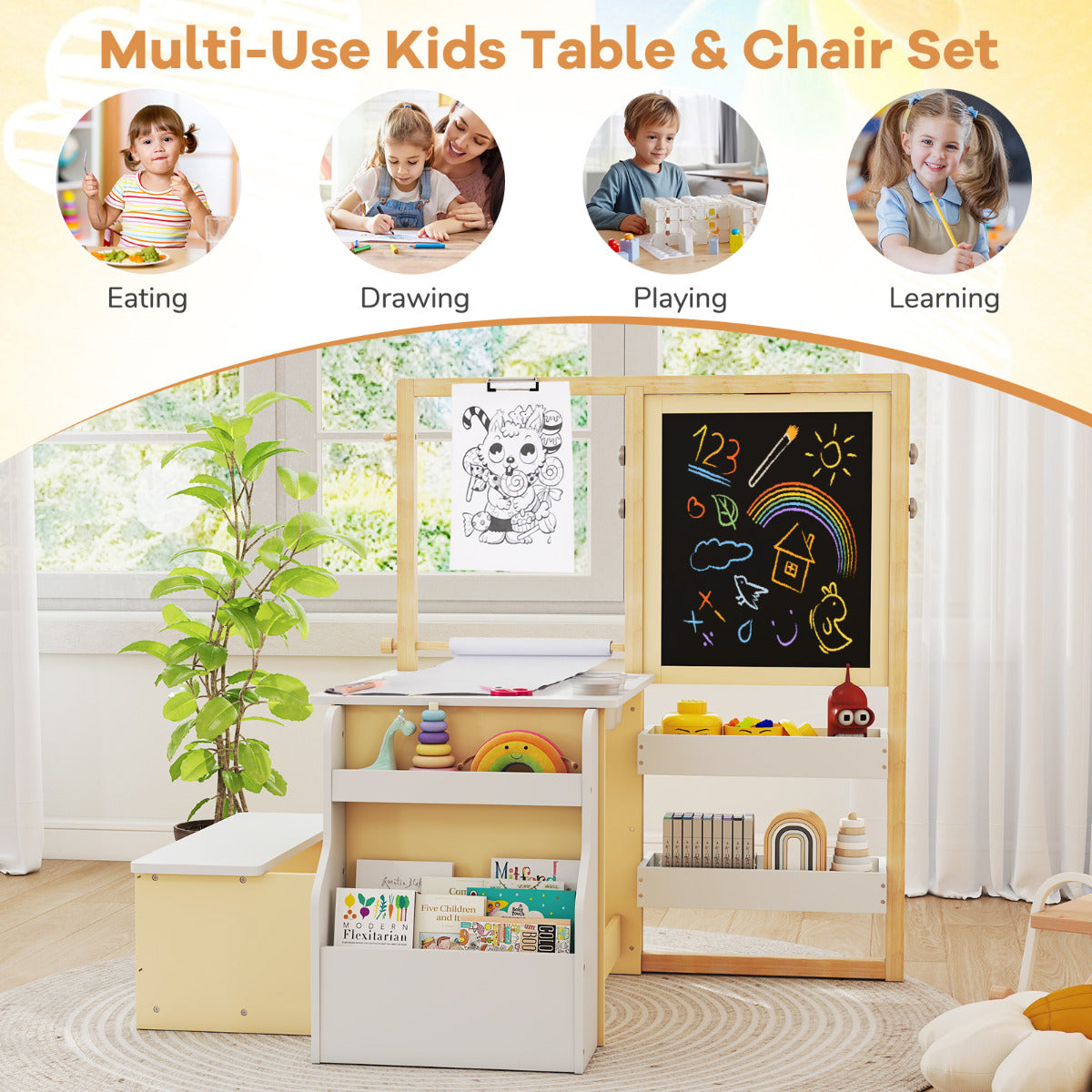 White Kids Art Table & Bench Set | Adjustable Double-Sided Easel