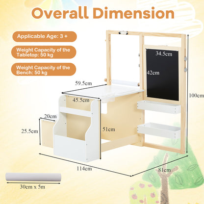 White Kids Art Table & Bench Set | Adjustable Double-Sided Easel