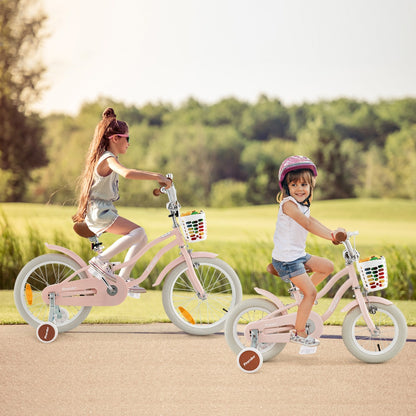 Costway Kid's Bike with Front Handbrake and Rear Coaster Brake for 3-5/4-7/4-8 Years Old-Pink-30cm