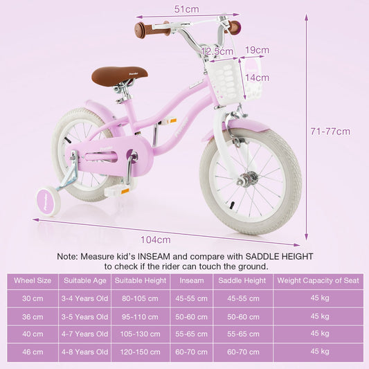 Kids bike with dual brakes and basket, perfect for ages 3-8, ideal for outdoor play.