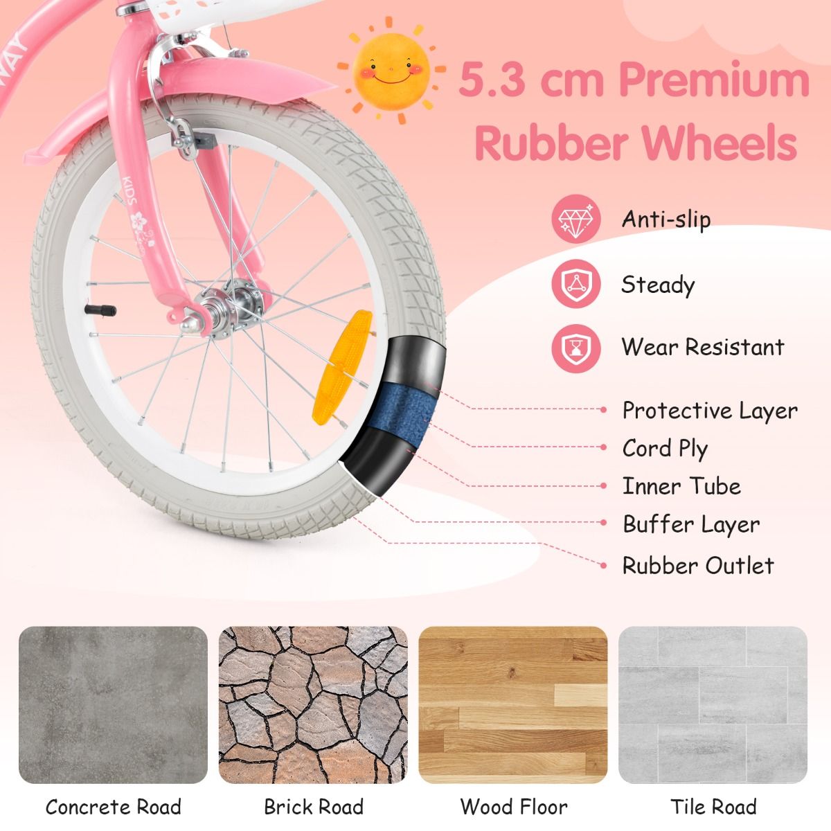 Kids Bike | Adjustable Peach Red 16" with Dual Brakes & Basket