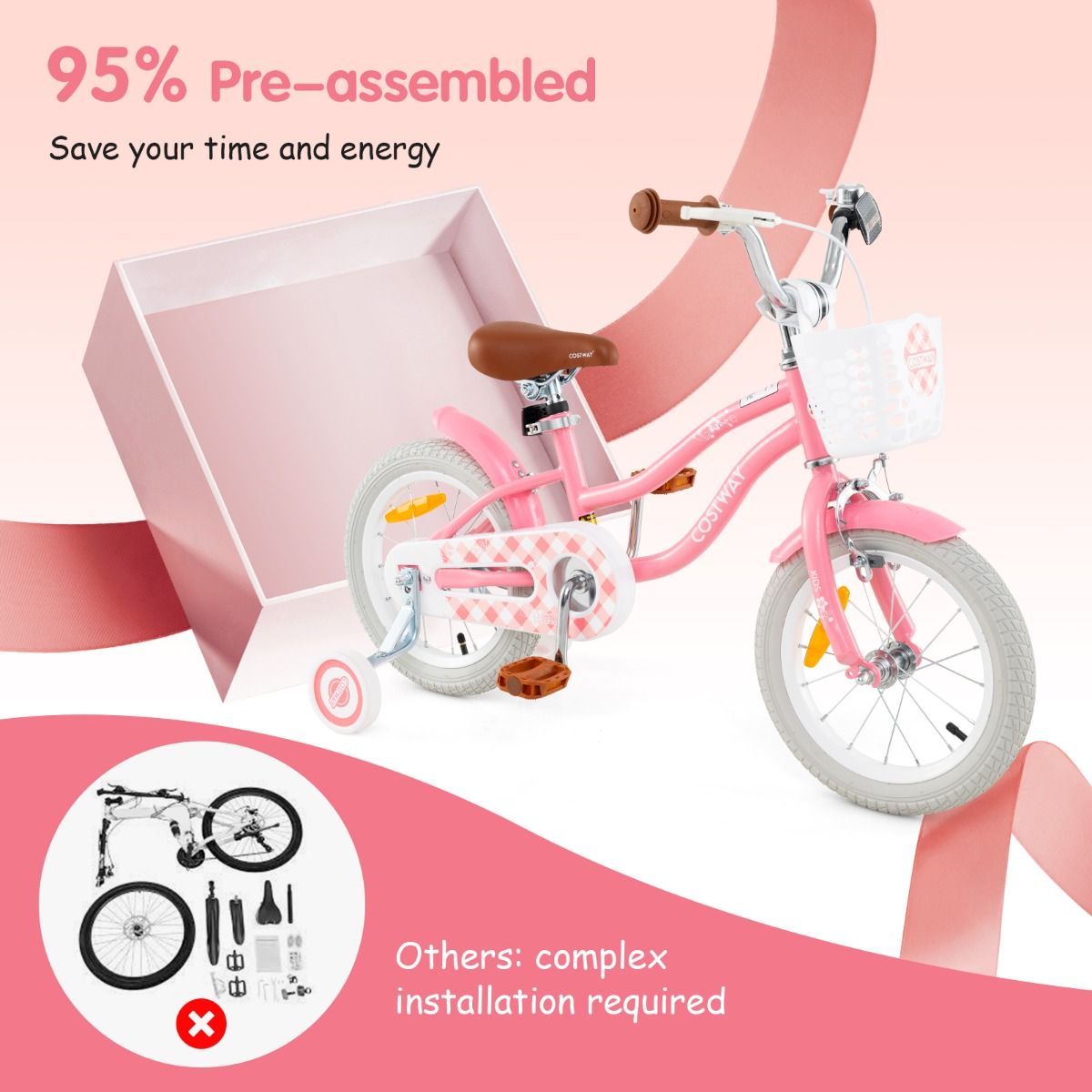 Kids Bike | Adjustable Peach Red 16" with Dual Brakes & Basket