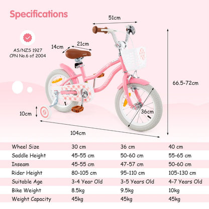 Kids Bike | Adjustable Peach Red 16" with Dual Brakes & Basket