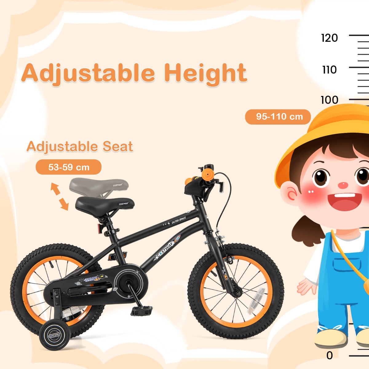 Kids Bike 4-7 Years | Adjustable Black Bicycle with Training Wheels