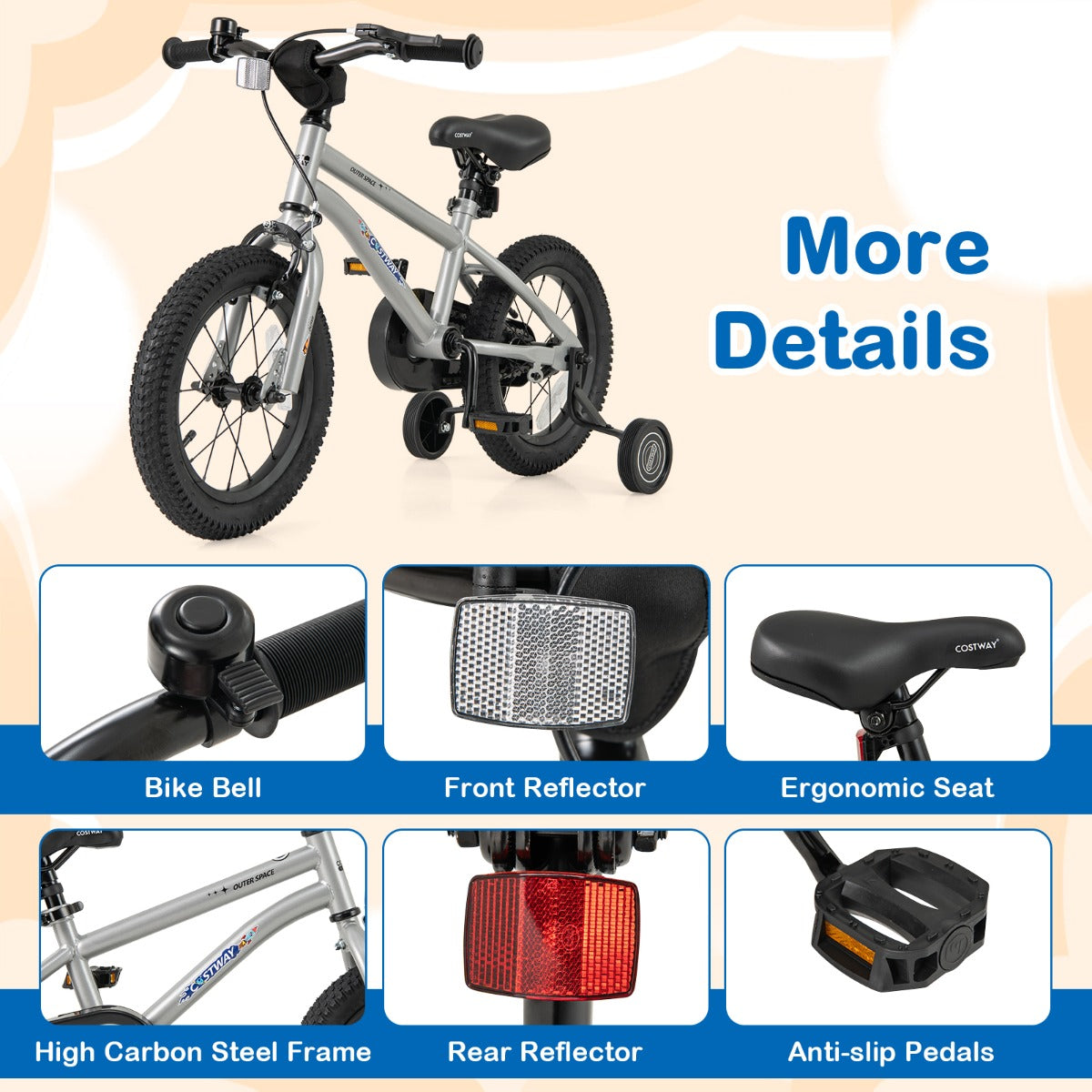 Kids Bike | Adjustable Silver 14" Bicycle with Training Wheels