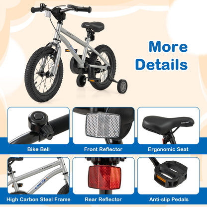 Kids Bike | Adjustable Silver 14" Bicycle with Training Wheels