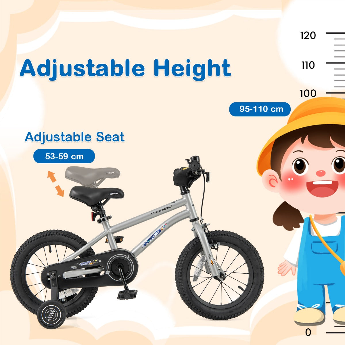 Kids Bike | Adjustable Silver 14" Bicycle with Training Wheels