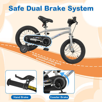 Kids Bike | Adjustable Silver 14" Bicycle with Training Wheels
