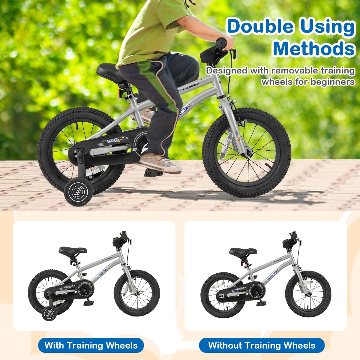 Kids Bike | Adjustable Silver 14" Bicycle with Training Wheels
