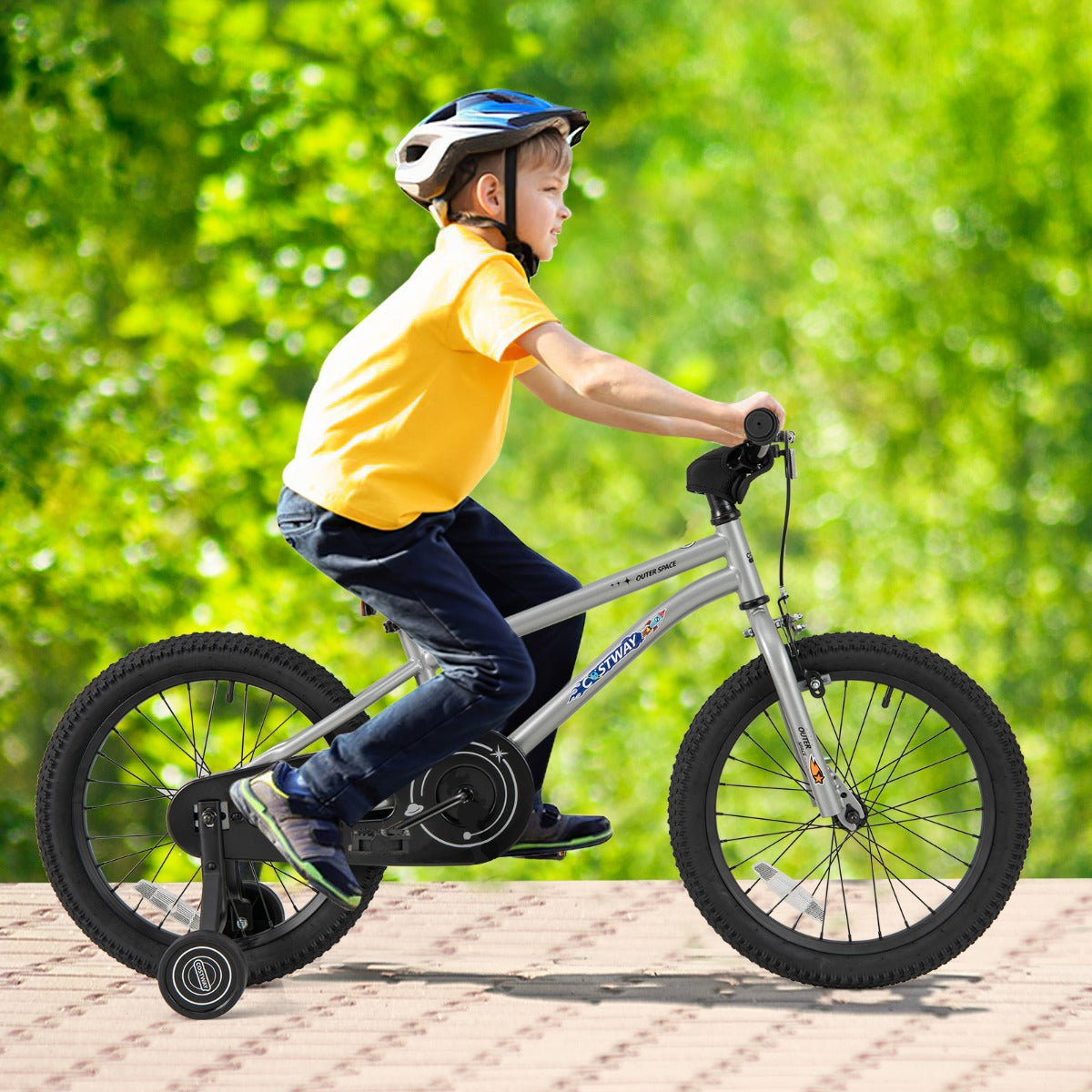 Costway Kids Bike for 4-7 Years Old Sport Bicycle Adjustable with Training Wheels-Silver-18 inches