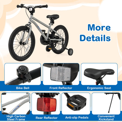 Kids Bike 4-7 Years | Adjustable Silver Sport Bicycle 18 Inch