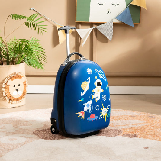 Blue cartoon rolling luggage for kids, with hard shell and wheels. Perfect for travel or sleepovers.