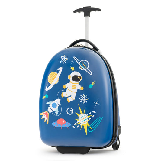 Kids blue cartoon design rolling luggage with wheels, perfect for playful travel adventures.