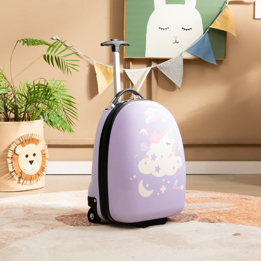 Kids purple hard shell luggage with wheels - perfect carry-on for young travelers.