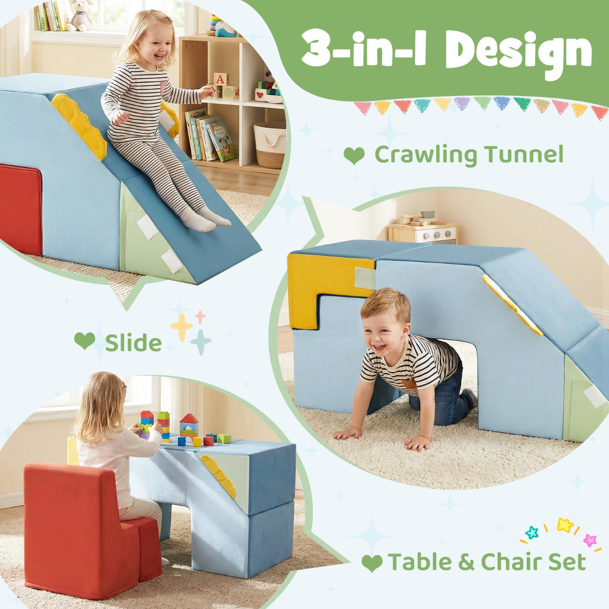 Kids Foam Climbing Playset with Slide | Blue Red Yellow