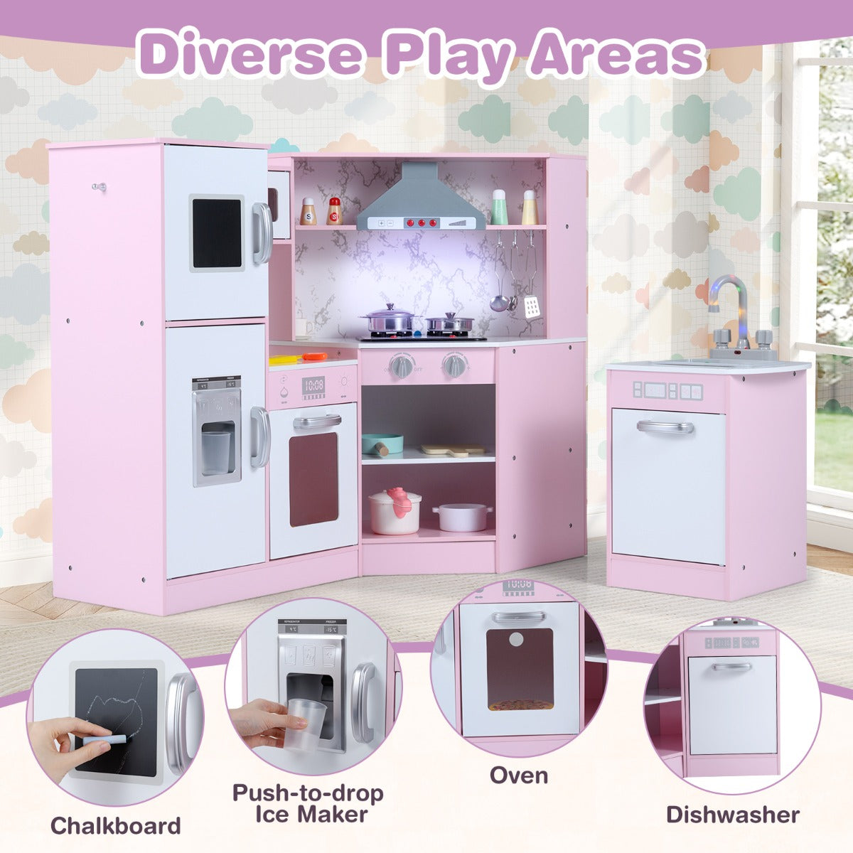 Pink Corner Kitchen Playset | Lights Sounds | Washing Basin