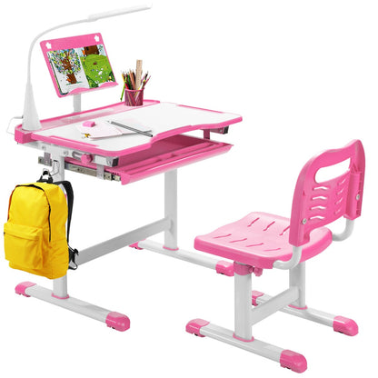 Kids study desk and chair set in pink with adjustable LED light for home learning.