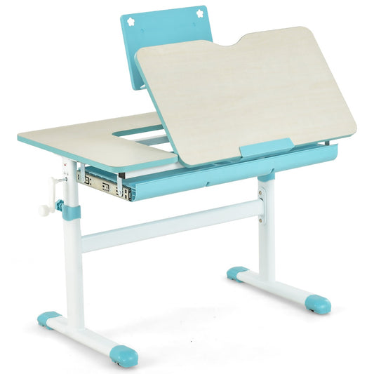 Height adjustable kids study desk in blue with tilting desktop and book stand.