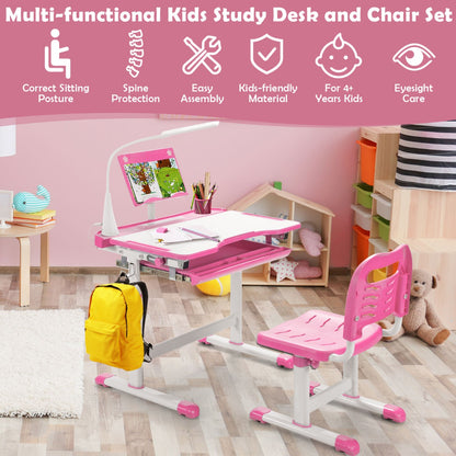 Kids study desk set with pink LED light for adjustable ergonomic comfort and studying.