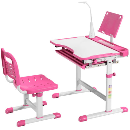 Pink kids study desk and chair set with LED light, adjustable for comfortable learning.