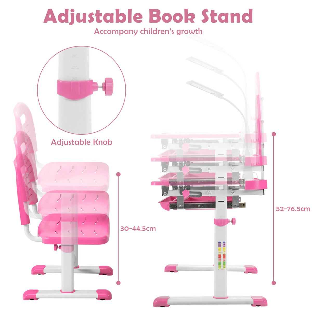 Kids study desk and chair set with LED light in pink color scheme.