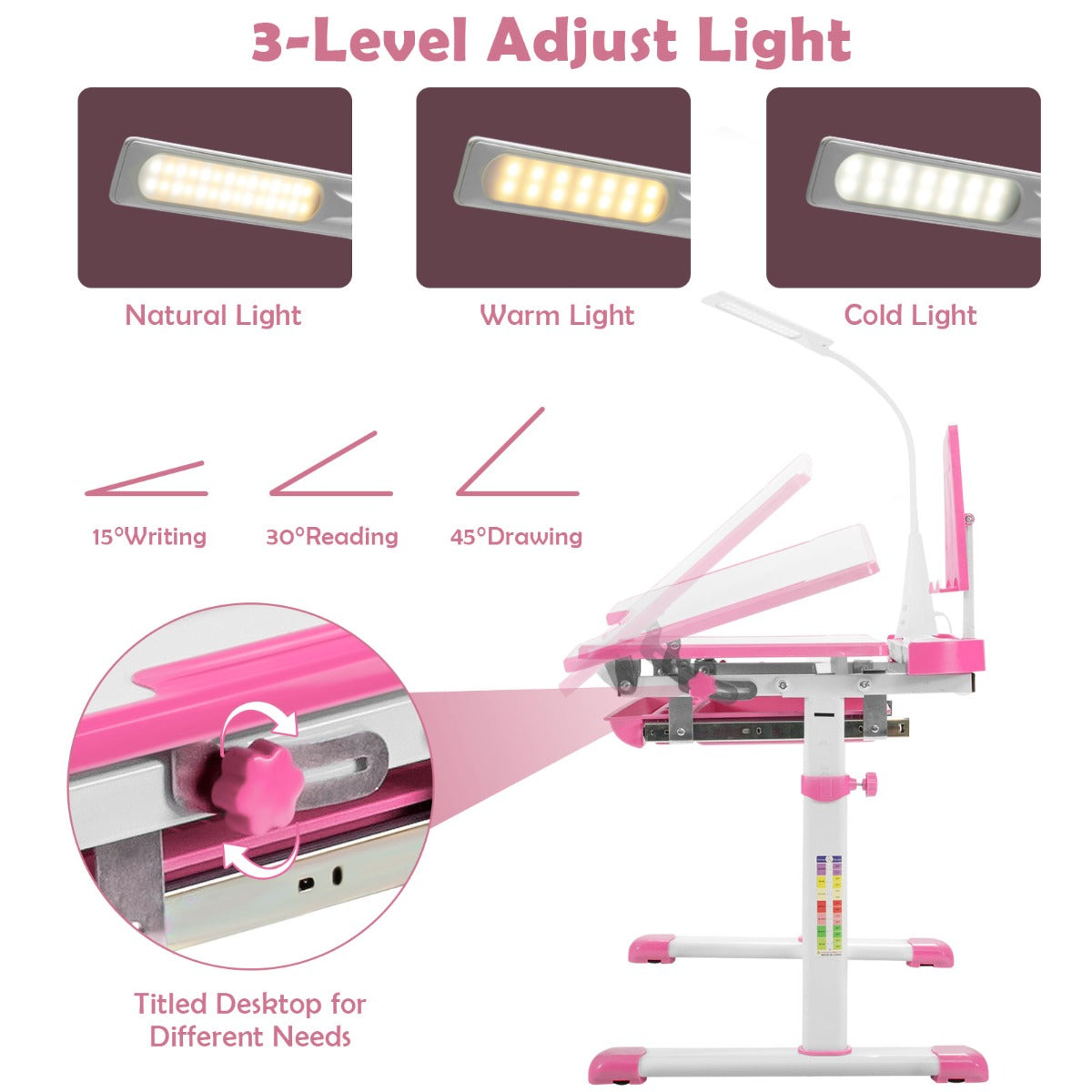 Pink kids study desk and chair set with LED light for comfortable and productive learning.