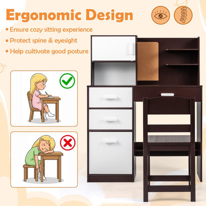 Brown Kids Desk Chair Set | Hutch Storage Bulletin Board