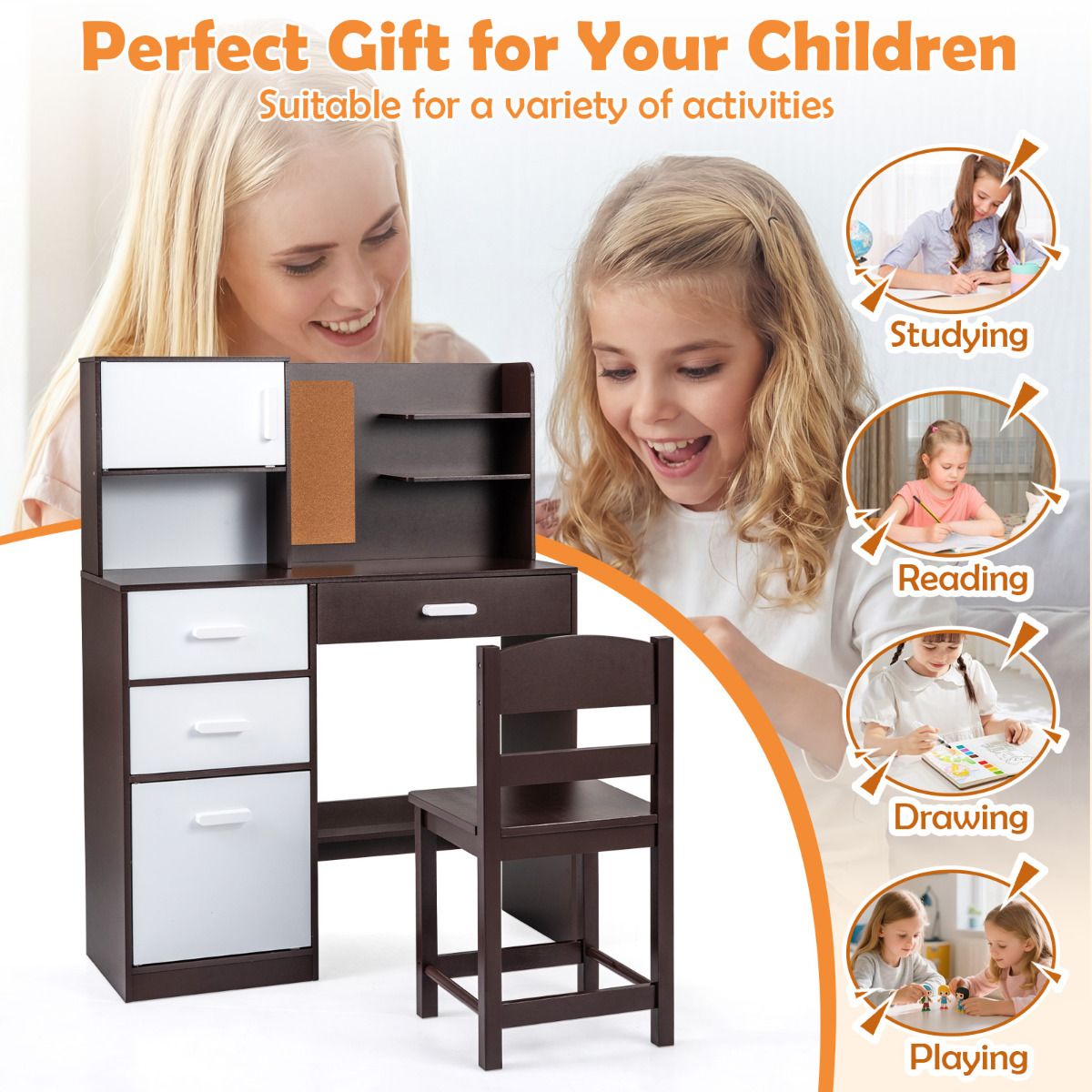 Brown Kids Desk Chair Set | Hutch Storage Bulletin Board