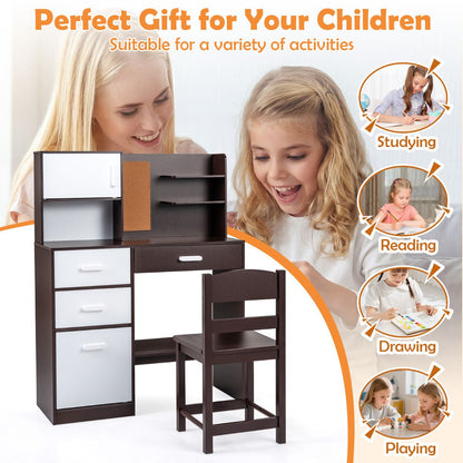 Brown Kids Desk Chair Set | Hutch Storage Bulletin Board