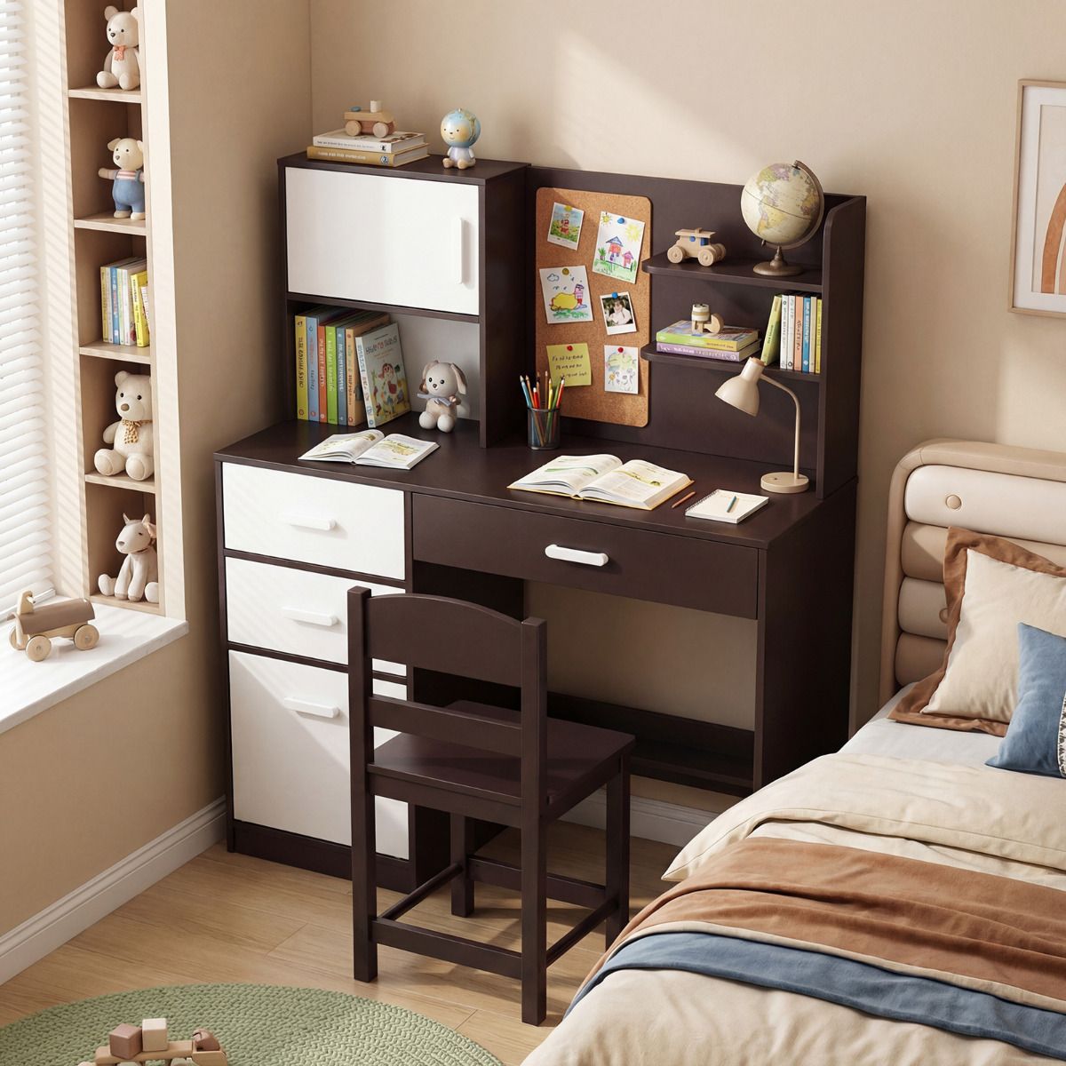 Brown Kids Desk Chair Set | Hutch Storage Bulletin Board
