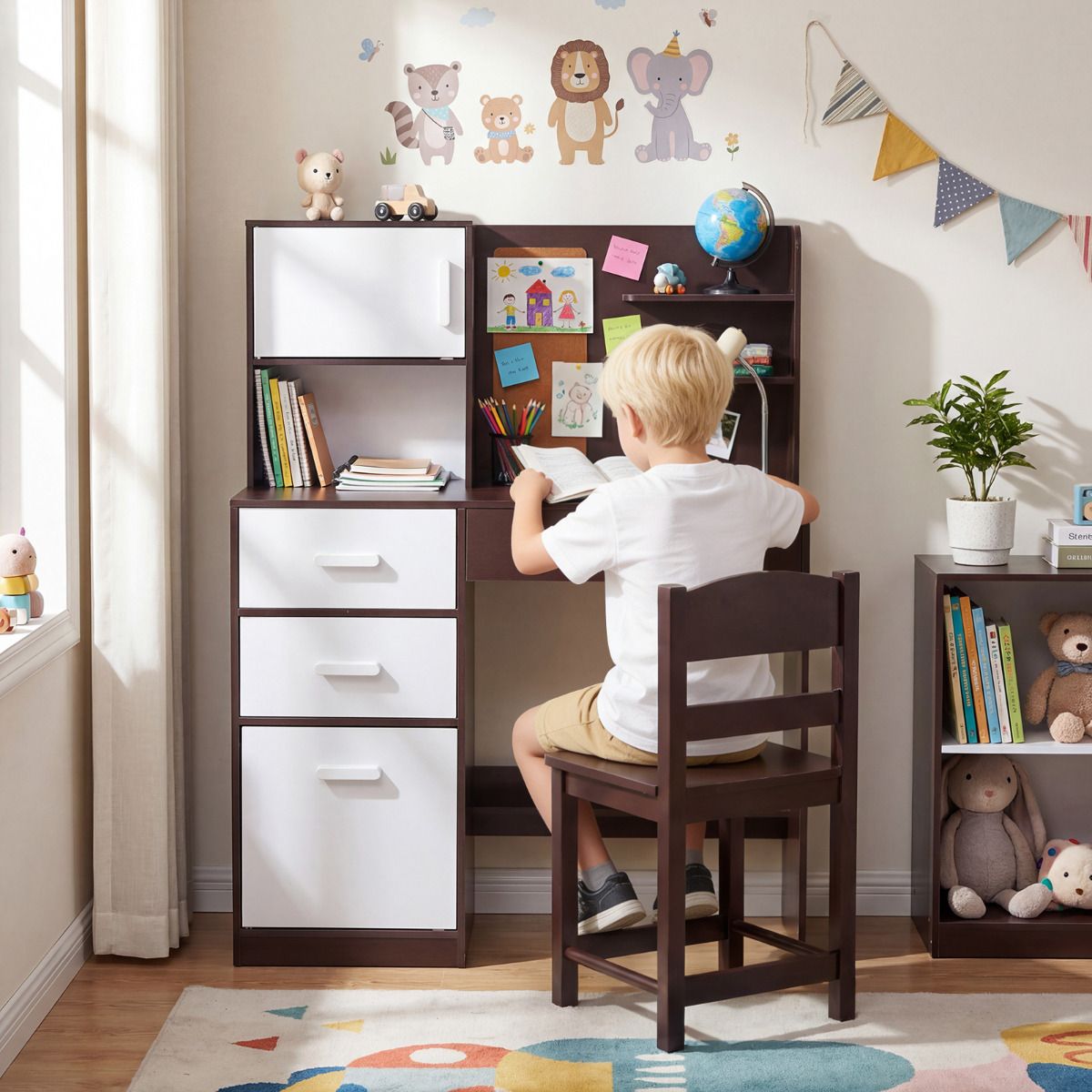 Brown Kids Desk Chair Set | Hutch Storage Bulletin Board