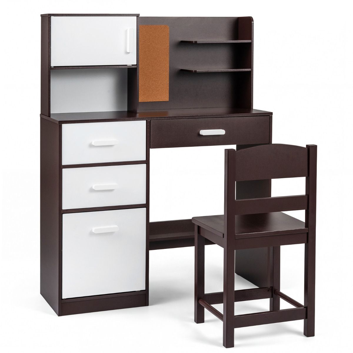 Brown Kids Desk Chair Set | Hutch Storage Bulletin Board