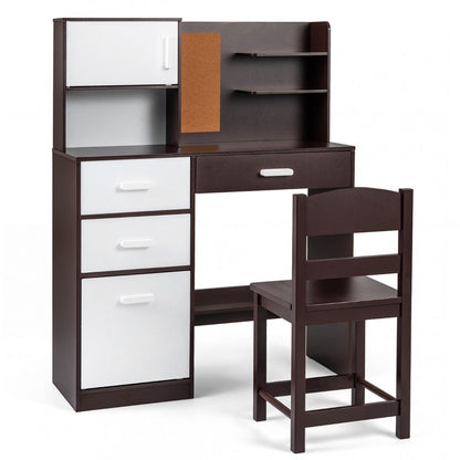 Brown Kids Desk Chair Set | Hutch Storage Bulletin Board