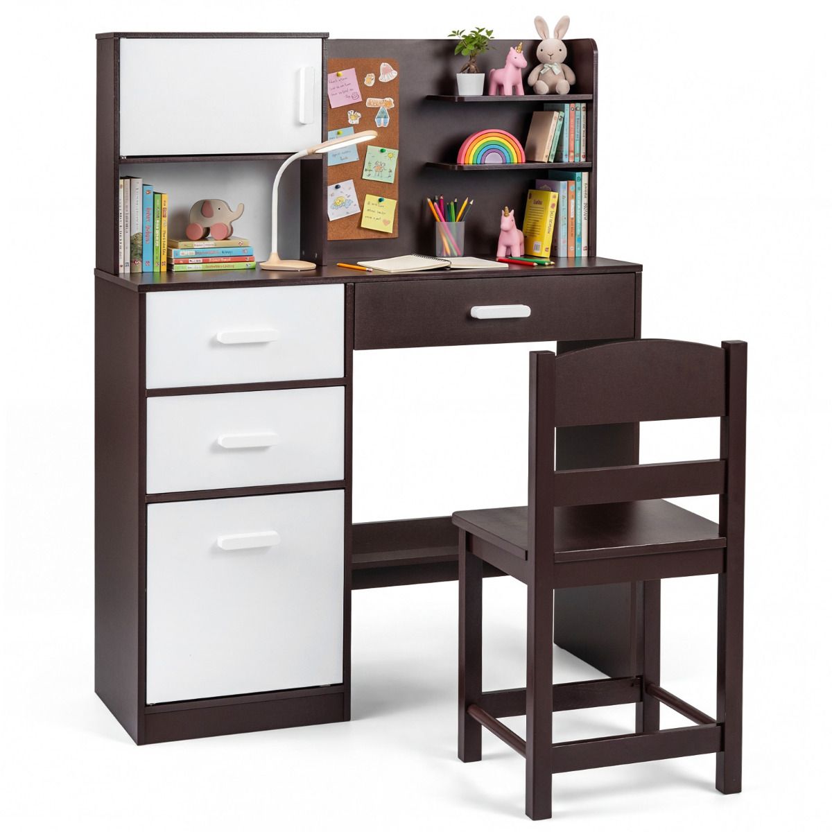 Brown Kids Desk Chair Set | Hutch Storage Bulletin Board