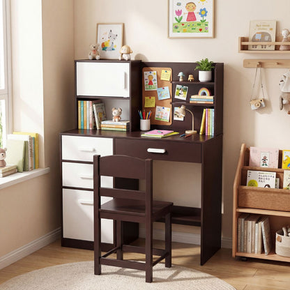 Brown Kids Desk Chair Set | Hutch Storage Bulletin Board