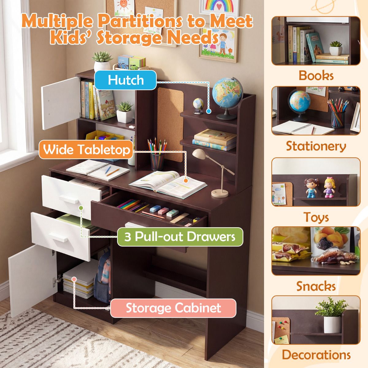Brown Kids Desk Chair Set | Hutch Storage Bulletin Board