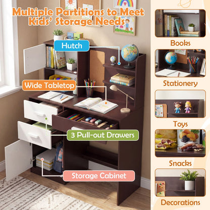 Brown Kids Desk Chair Set | Hutch Storage Bulletin Board