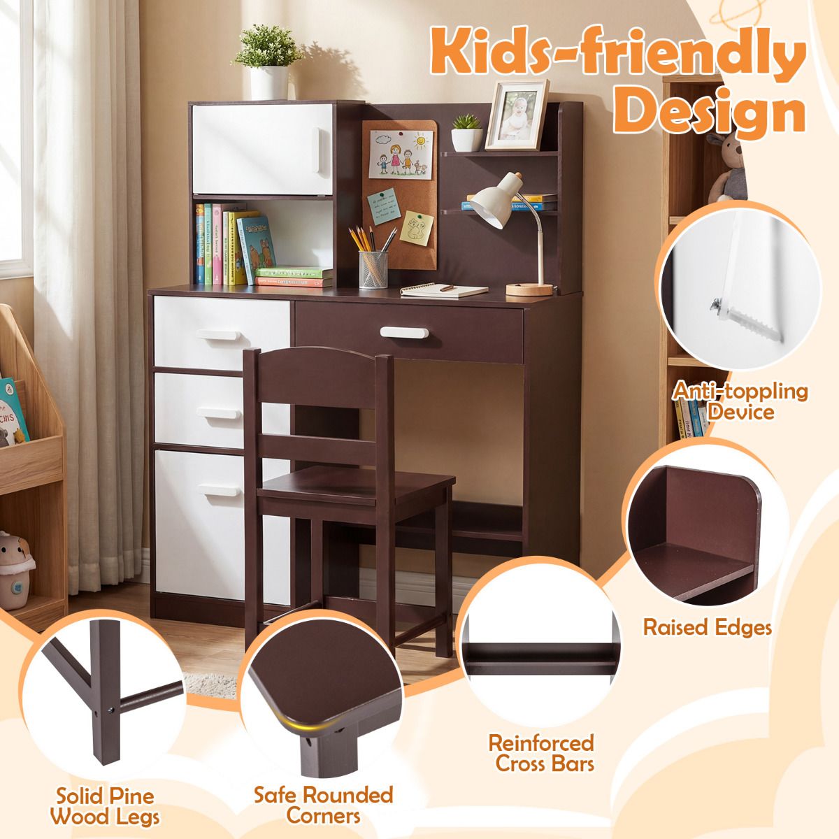 Brown Kids Desk Chair Set | Hutch Storage Bulletin Board