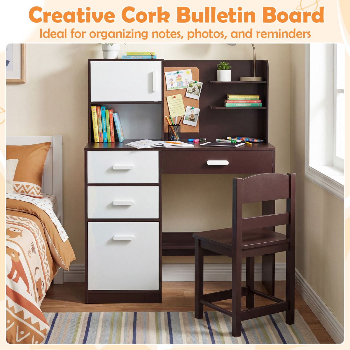 Brown Kids Desk Chair Set | Hutch Storage Bulletin Board