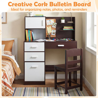 Brown Kids Desk Chair Set | Hutch Storage Bulletin Board