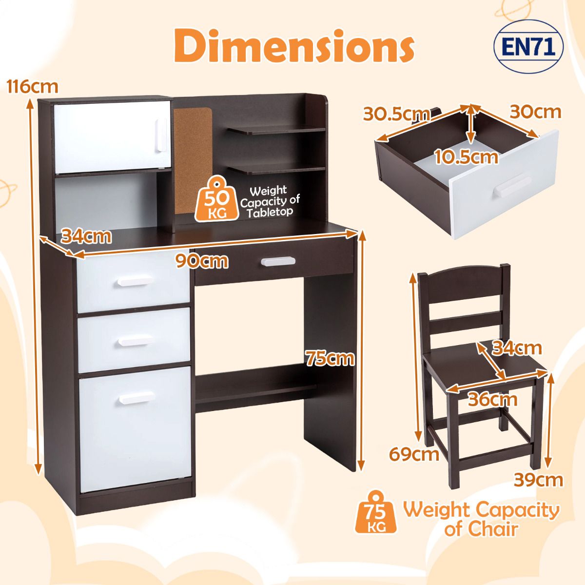 Brown Kids Desk Chair Set | Hutch Storage Bulletin Board