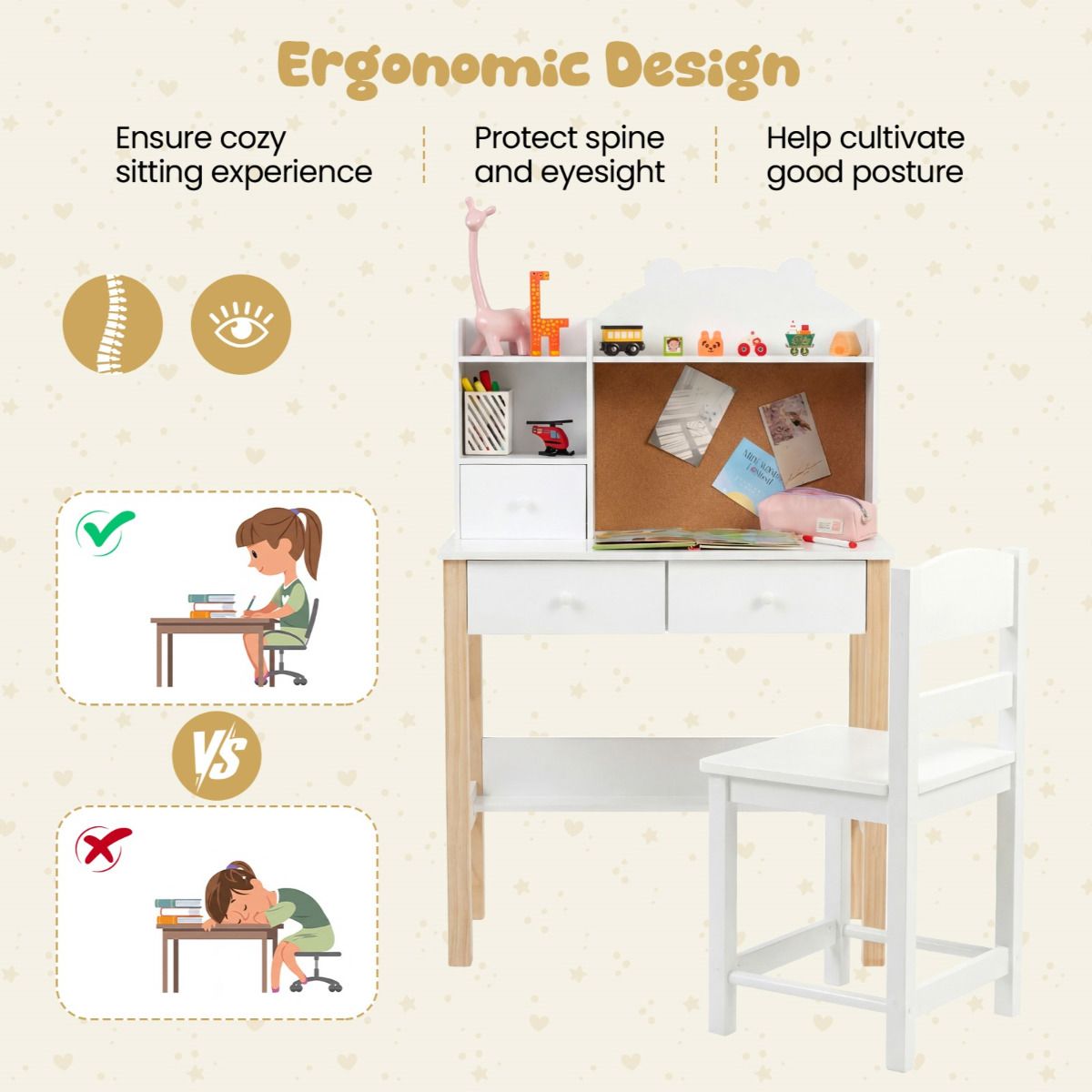 White Study Desk Chair Set with Storage Hutch | Cork Board