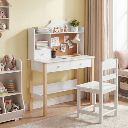 White Study Desk Chair Set with Storage Hutch | Cork Board